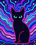 Psychedelic Black Cat Swirling Stars Rug