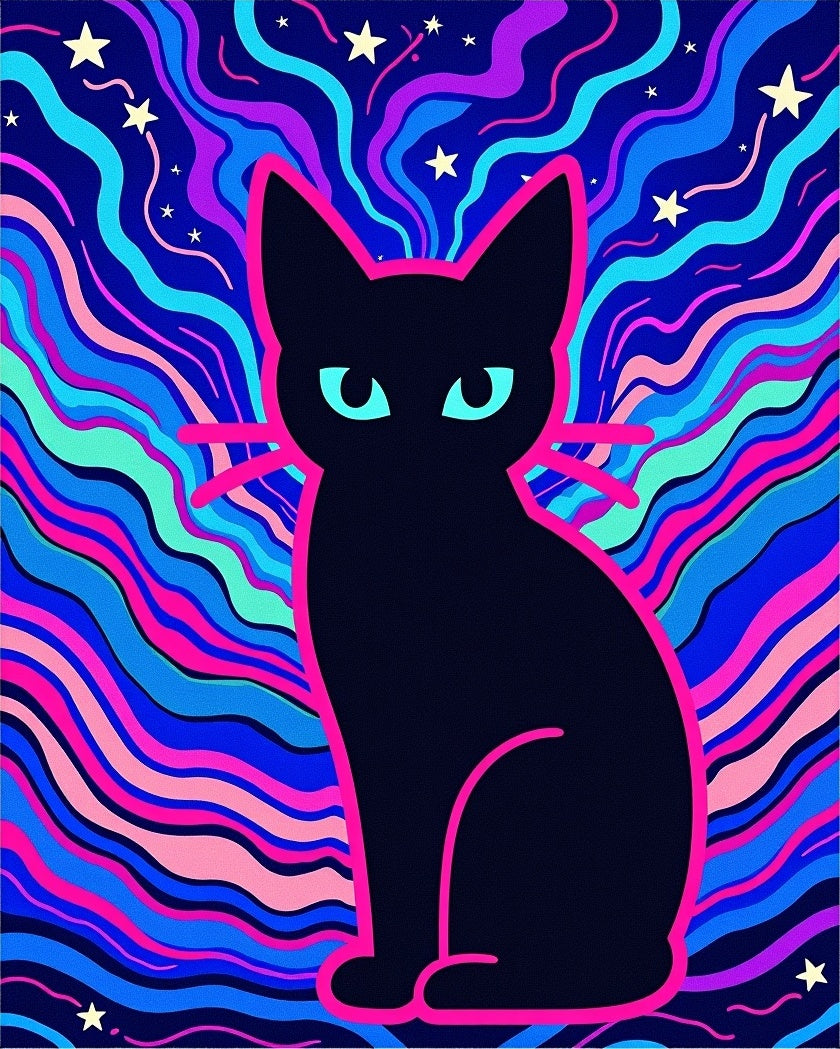 Psychedelic Black Cat Swirling Stars Rug