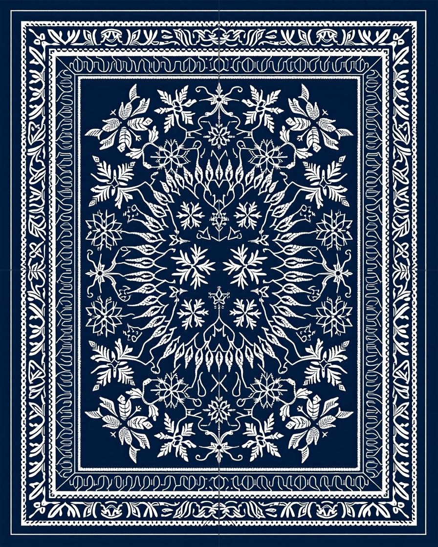 Deep Blue White Floral Mandala Rug