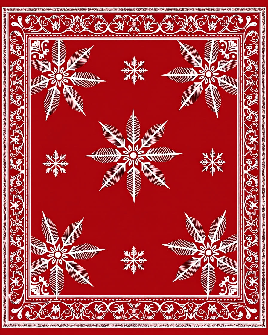 Crimson White Snowflake Ornamental Border Rug
