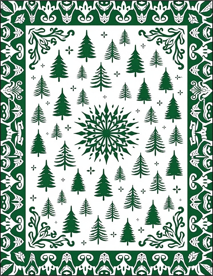 Green Forest Pine Tree Snowflake Medallion Rug