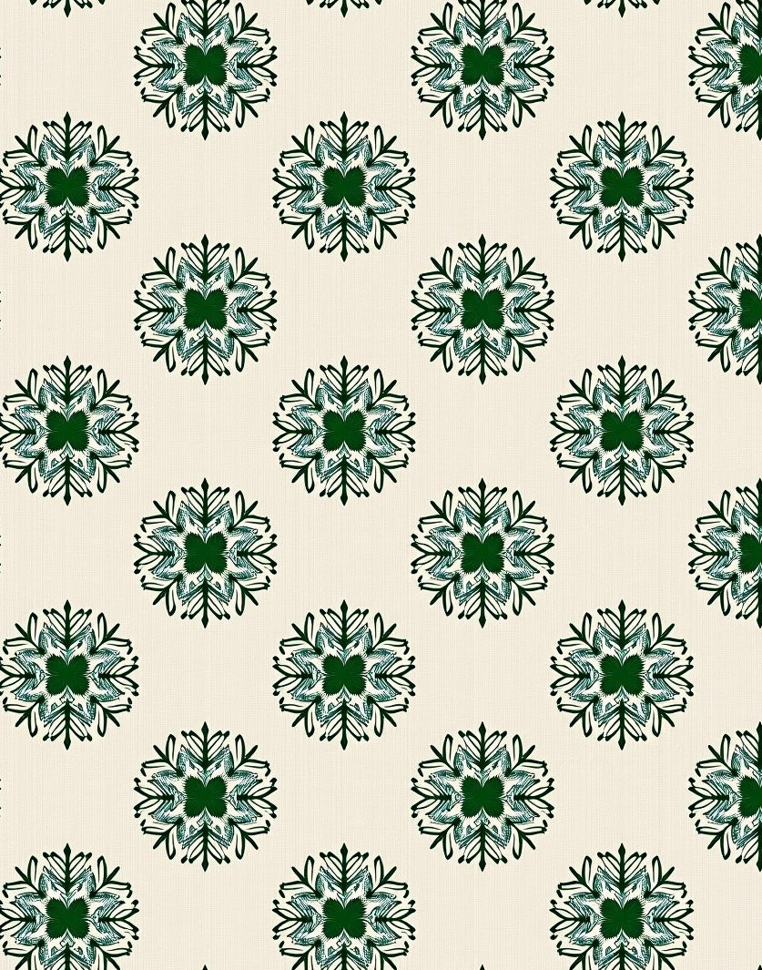 Deep Green Snowflake Medallion Cream Rug