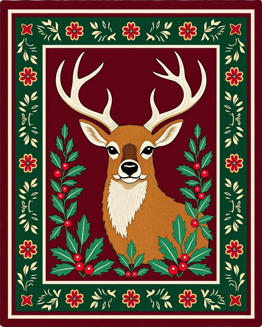 Festive Deer With Holly Border Rug