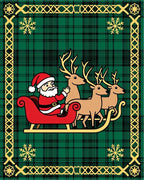 Green Plaid Santa Sleigh Reindeer Snowflakes Rug