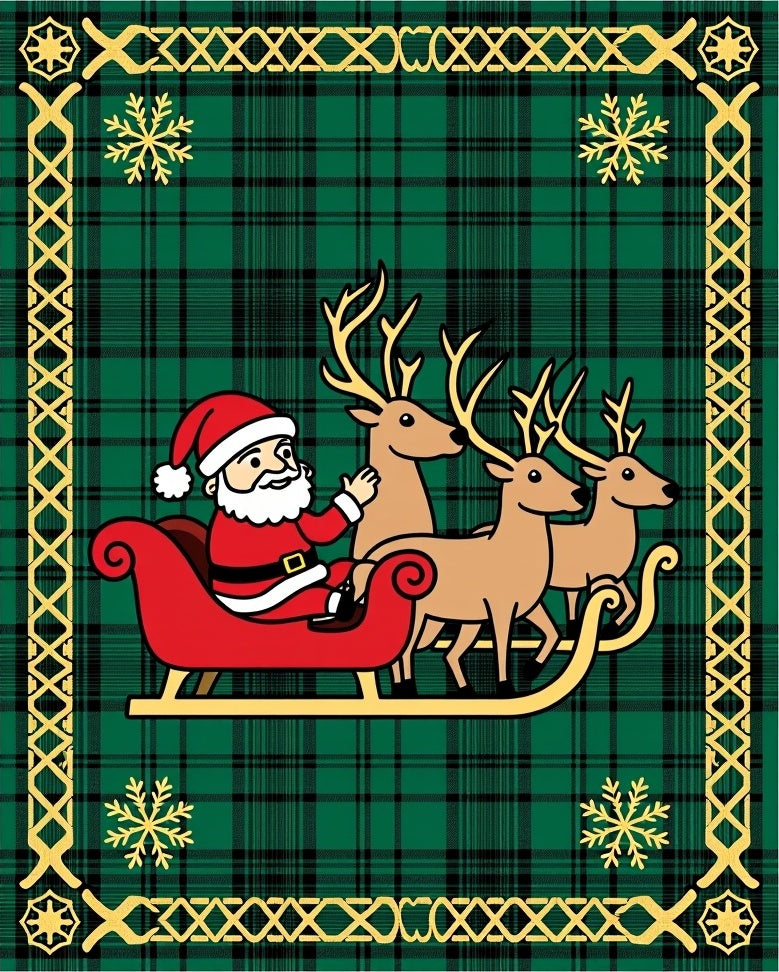 Green Plaid Santa Sleigh Reindeer Snowflakes Rug