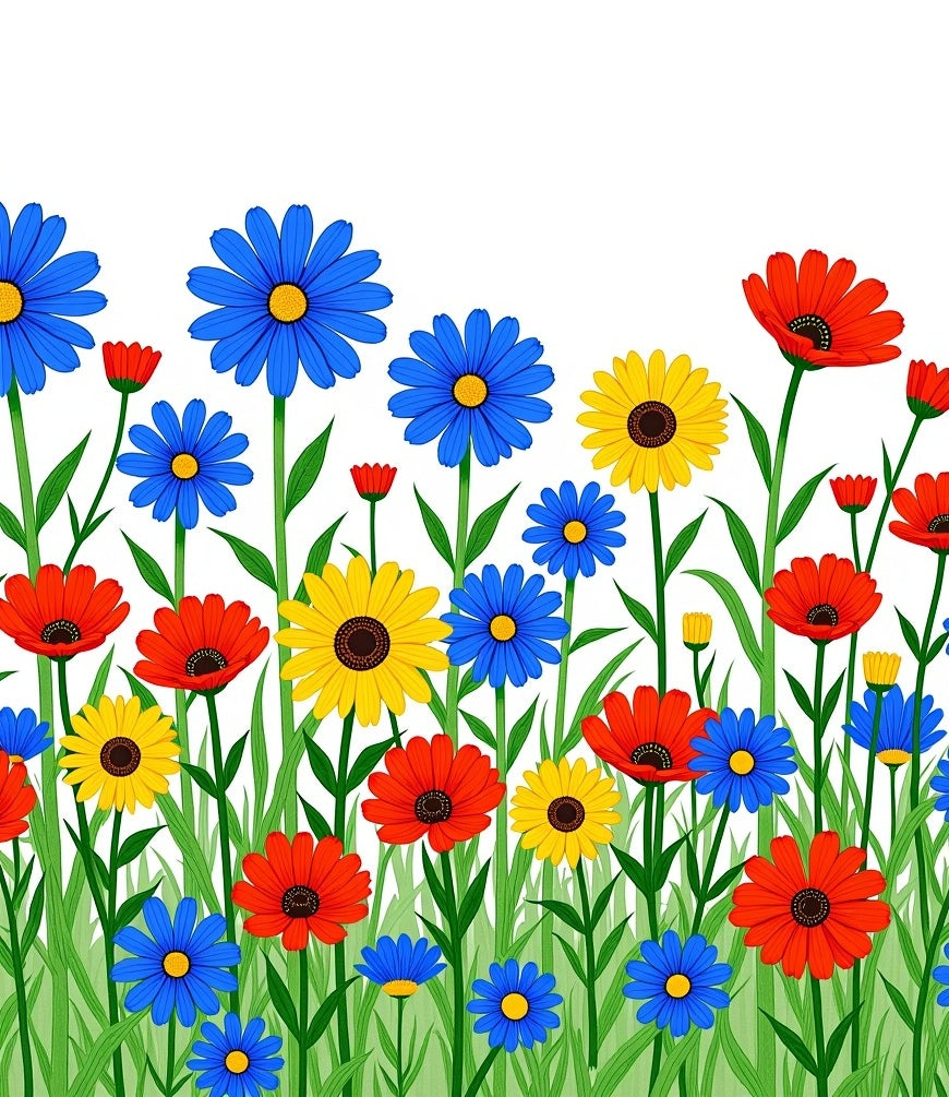 Field of Red Blue Yellow Flowers Rug