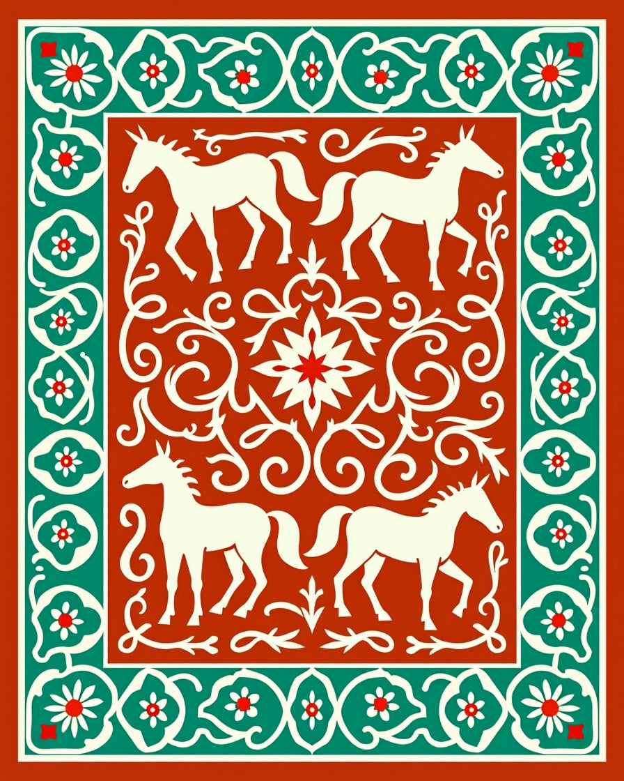 Earthy Orange Horse Floral Border Rug