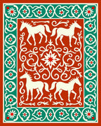 Earthy Orange Horse Floral Border Rug