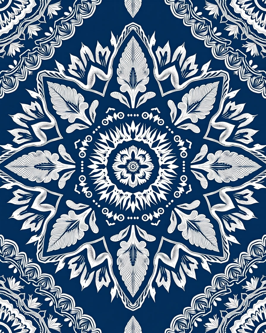 Navy Blue White Floral Medallion Mandala Rug