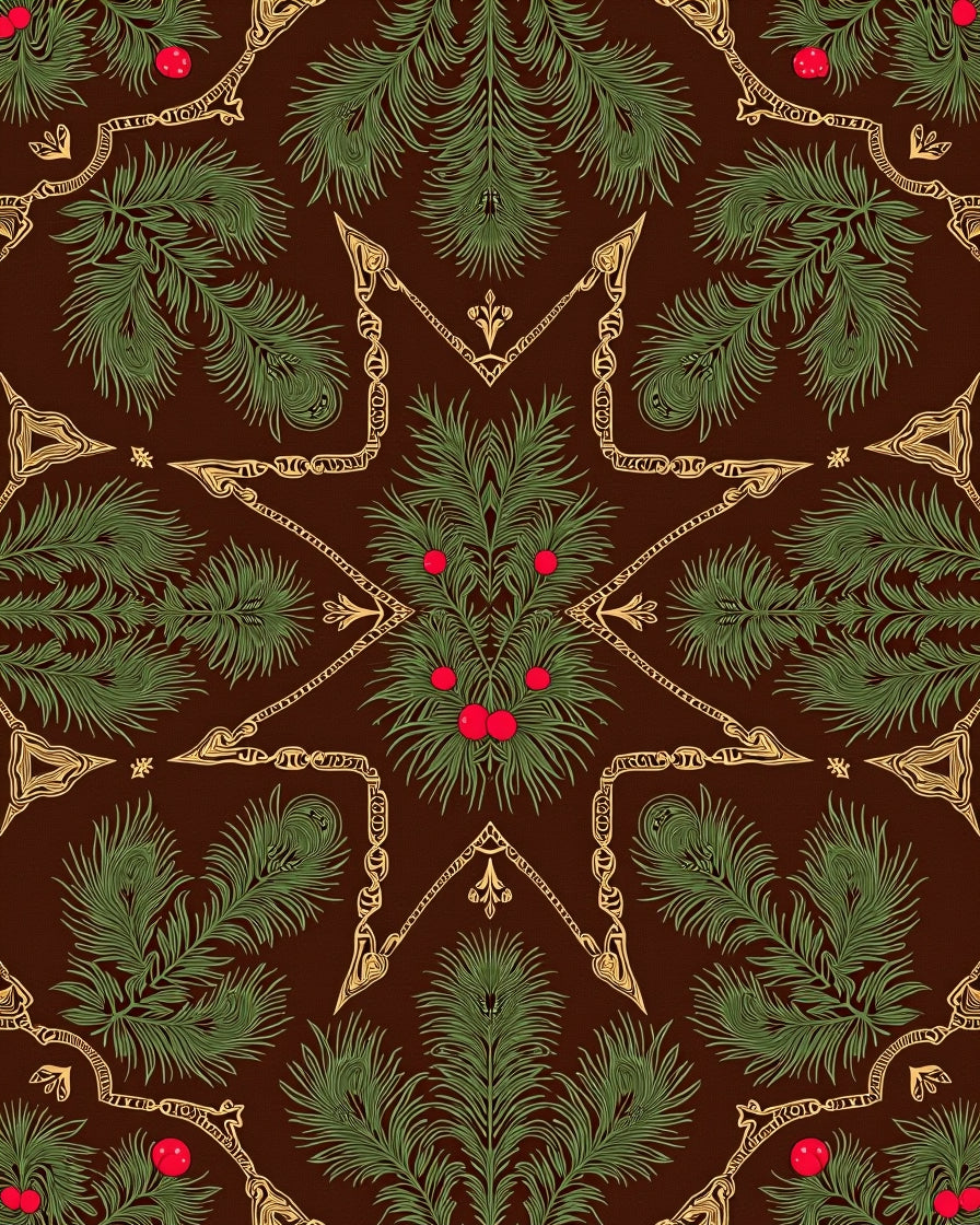 Brown Pine Branch Red Berry Medallion Rug