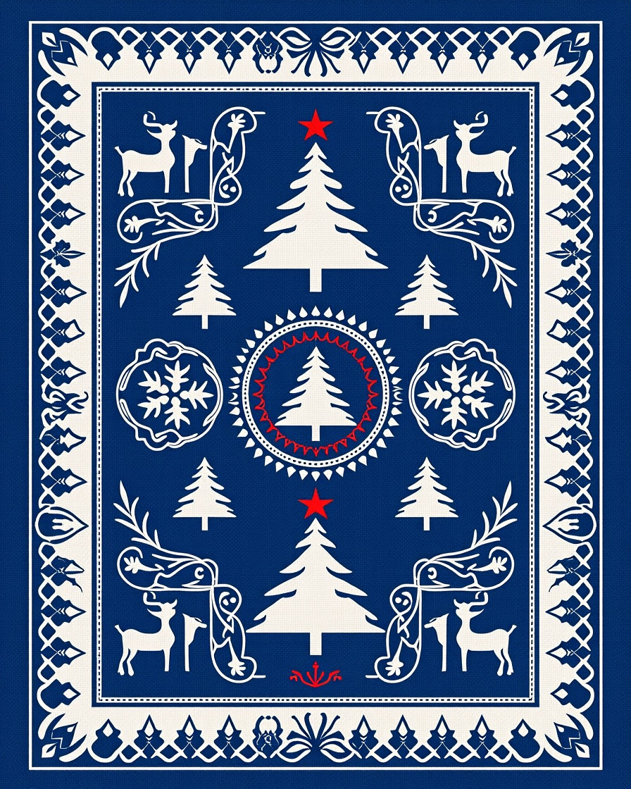 Winter Blue White Christmas Tree Reindeer Rug