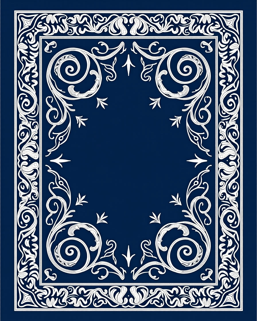 Intricate Navy White Floral Scrollwork Rug
