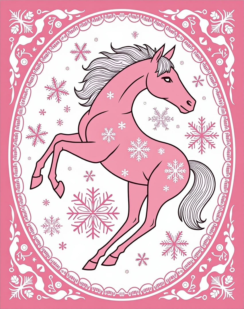 Pink Horse Snowflakes Oval Frame Rug