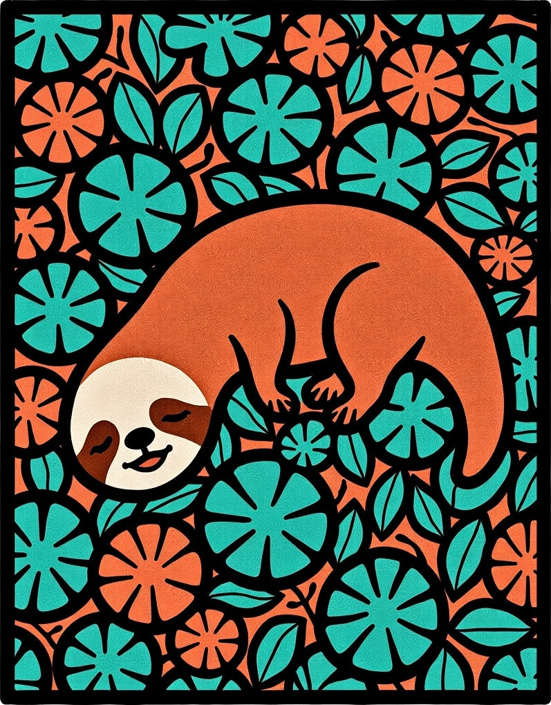 Whimsical orange sloth floral scene Rug