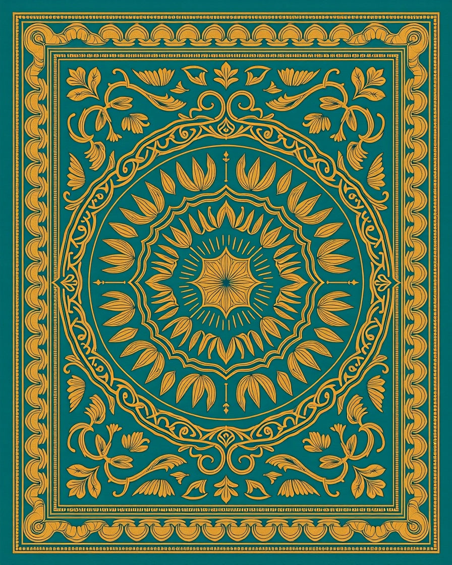 Teal and Gold Medallion Botanical Rug