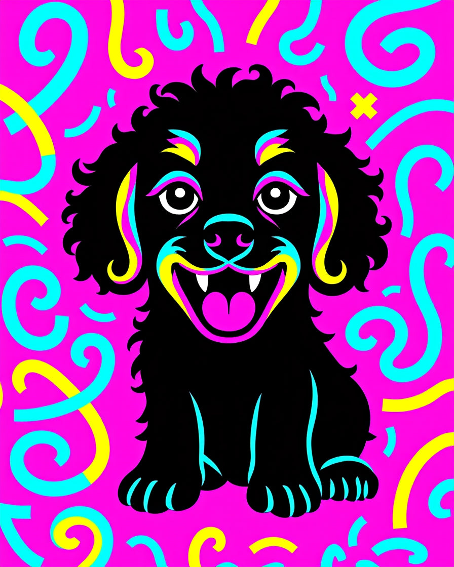 Vibrant Black Dog Bright Swirls Rug