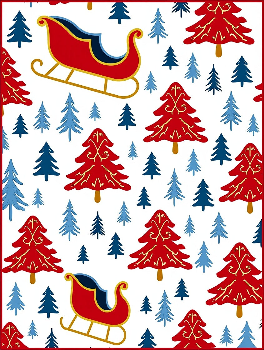Red Sleigh Blue Pine Trees Rug