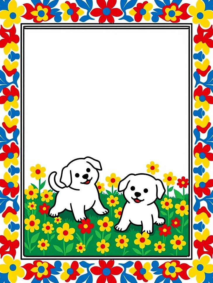 Playful White Puppies Floral Border Rug