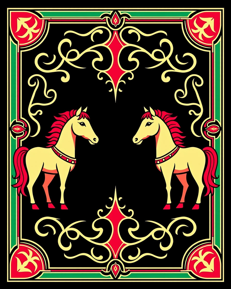 Golden Yellow Horses Red Green Border Rug