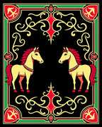 Golden Yellow Horses Red Green Border Rug
