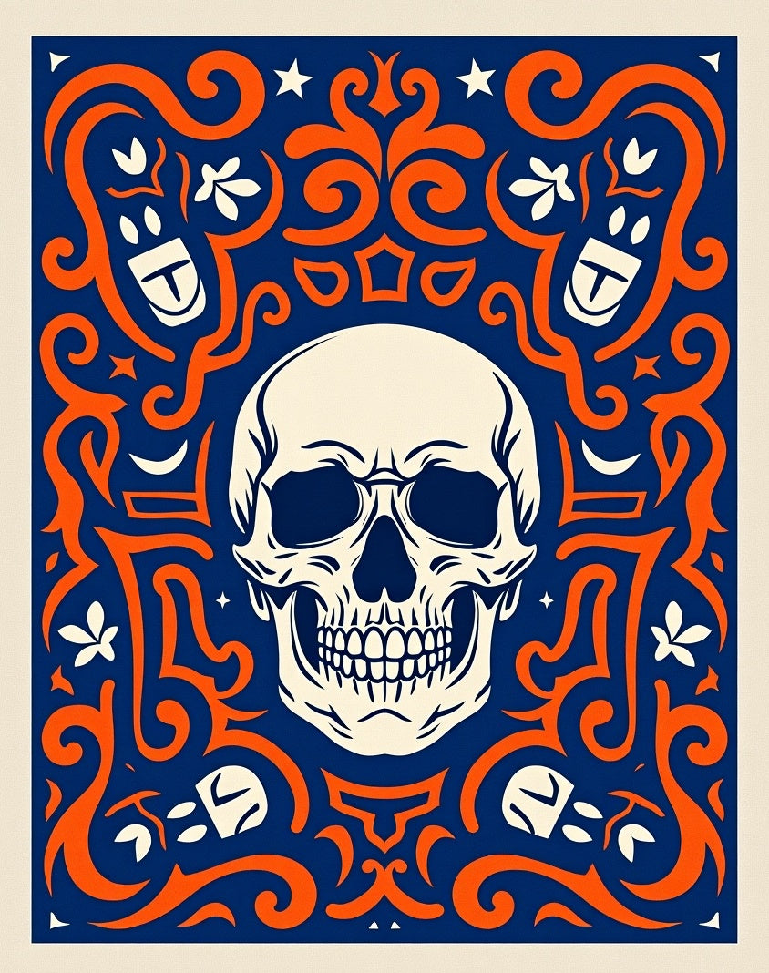 Bold Orange Skull Navy Swirl Rug