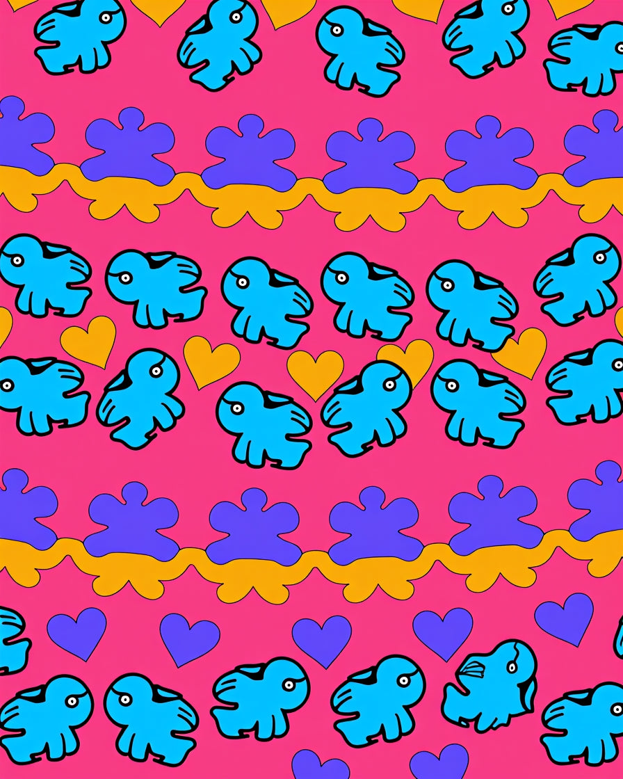 Playful blue creatures and hearts Rug