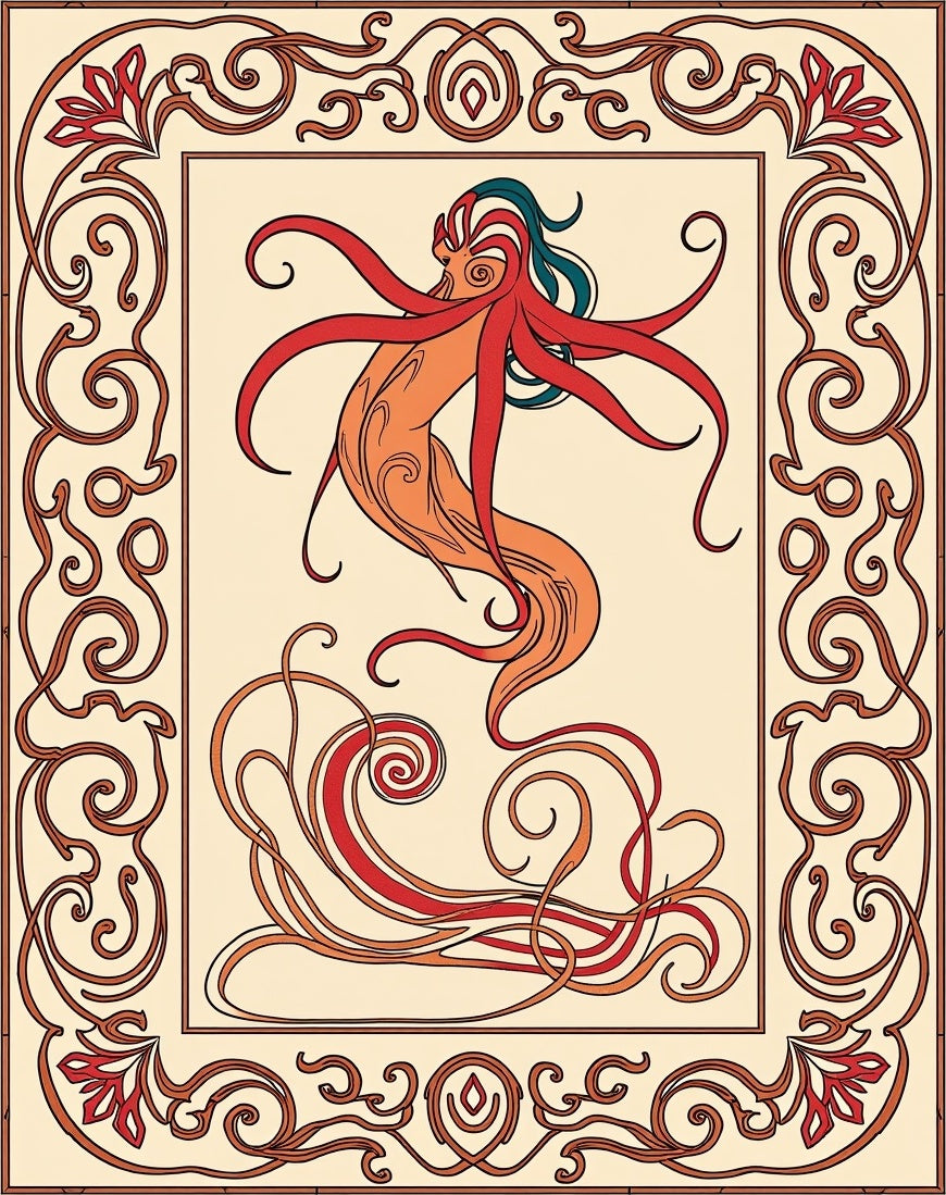 Art Nouveau Siren Red Orange Swirls Rug