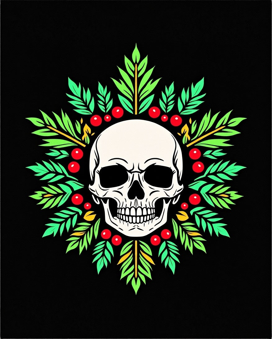 White Skull Green Leaf Berry Wreath Rug