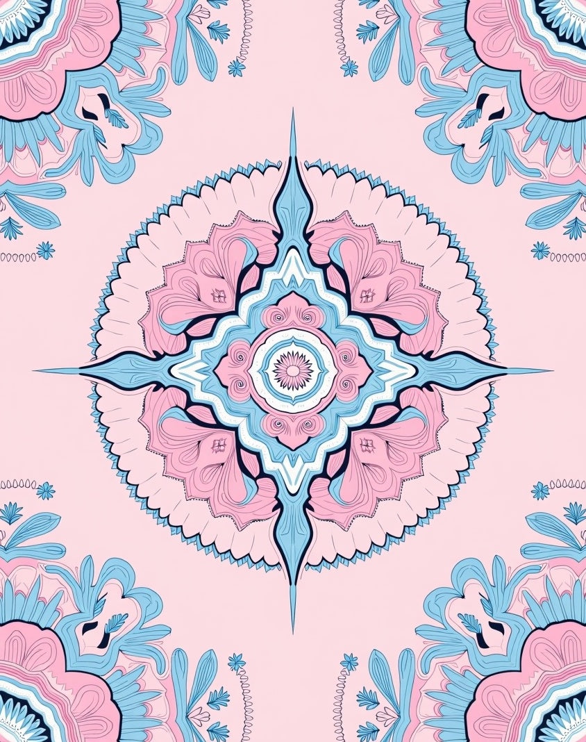 Soft Pink Blue Mandala Medallion Rug