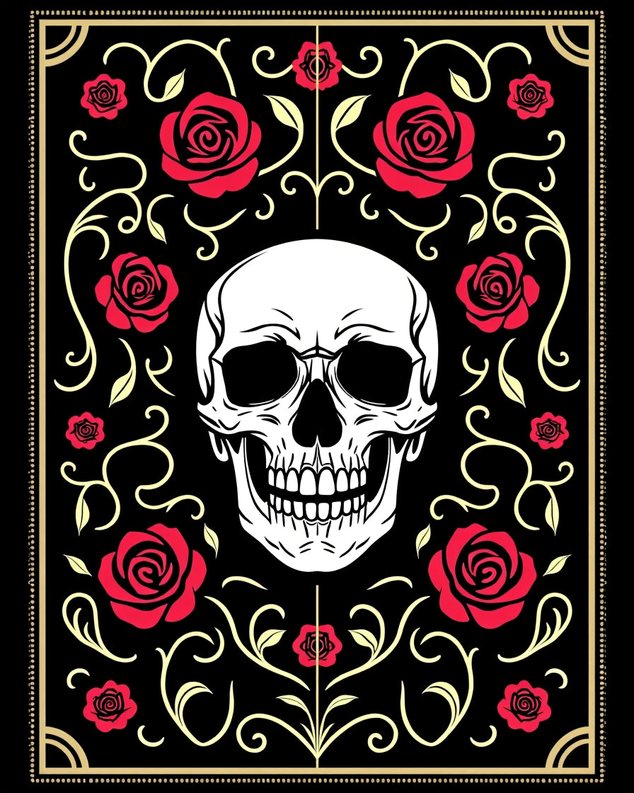 Gothic Skull Red Rose Floral Scroll Rug