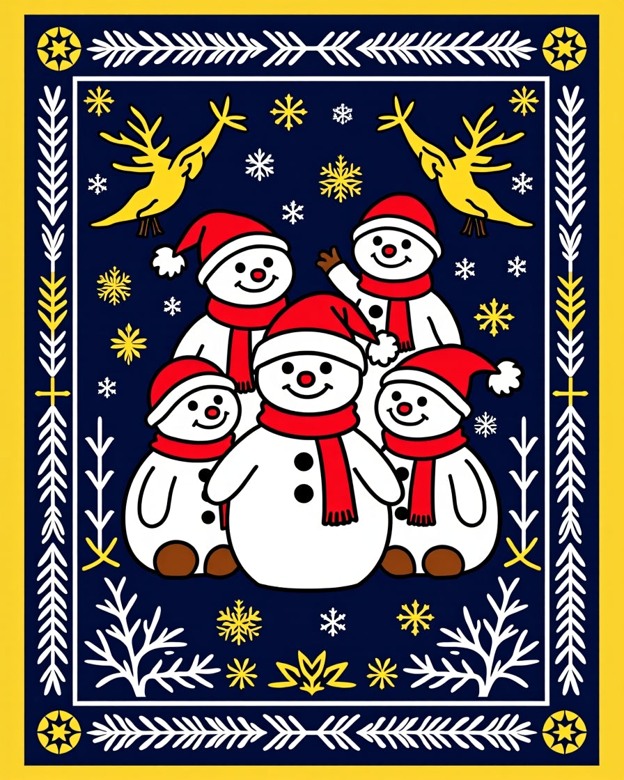 Yellow Reindeer Snowman Snowflakes Border Rug