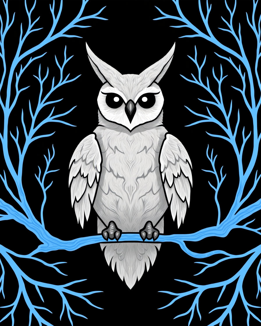 Wise White Owl on Blue Branch Rug