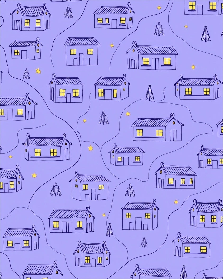 Cozy Blue Houses Starry Night Rug