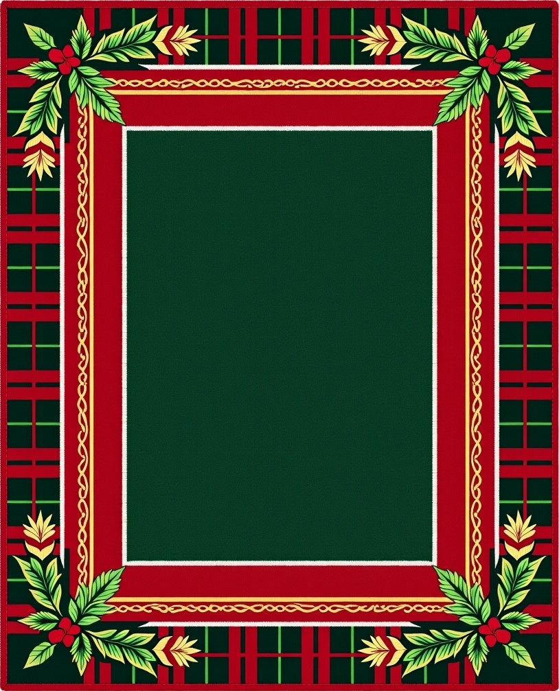 Rustic Red Green Plaid Holly Border Rug
