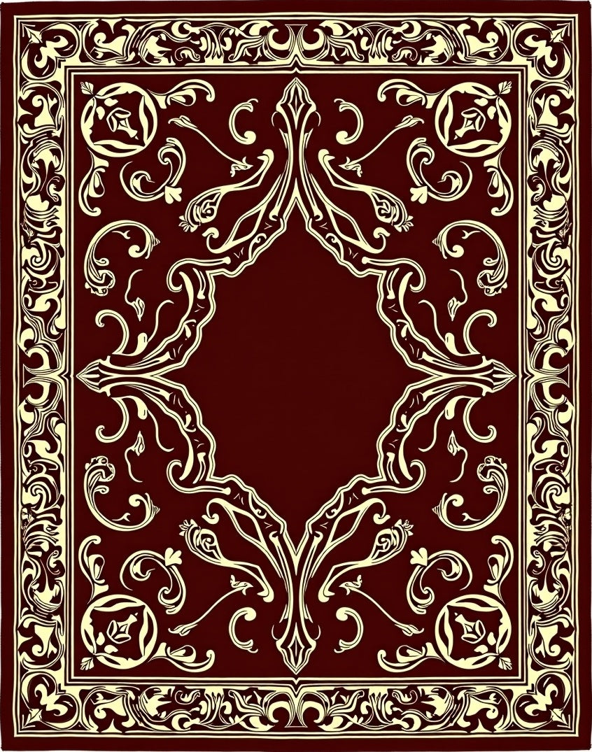 Rich Crimson Ivory Ornate Scrollwork Rug