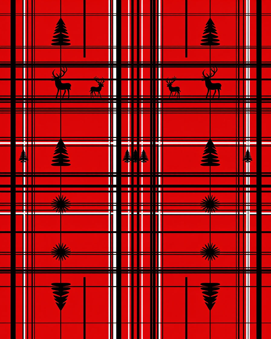 Red Black White Plaid Deer Christmas Trees Rug