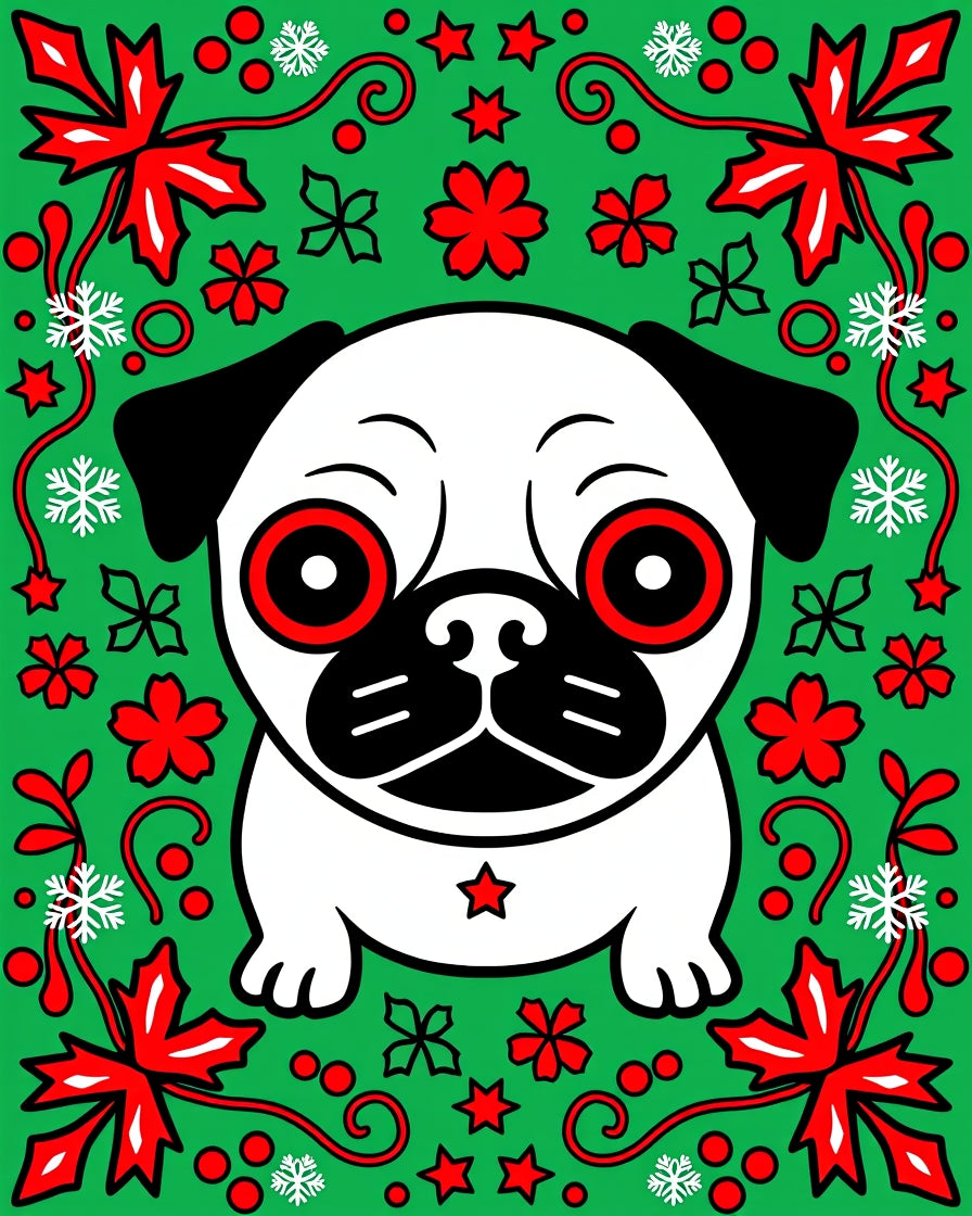 Whimsical Pug Christmas Green Red Snowflake Rug