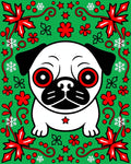 Whimsical Pug Christmas Green Red Snowflake Rug