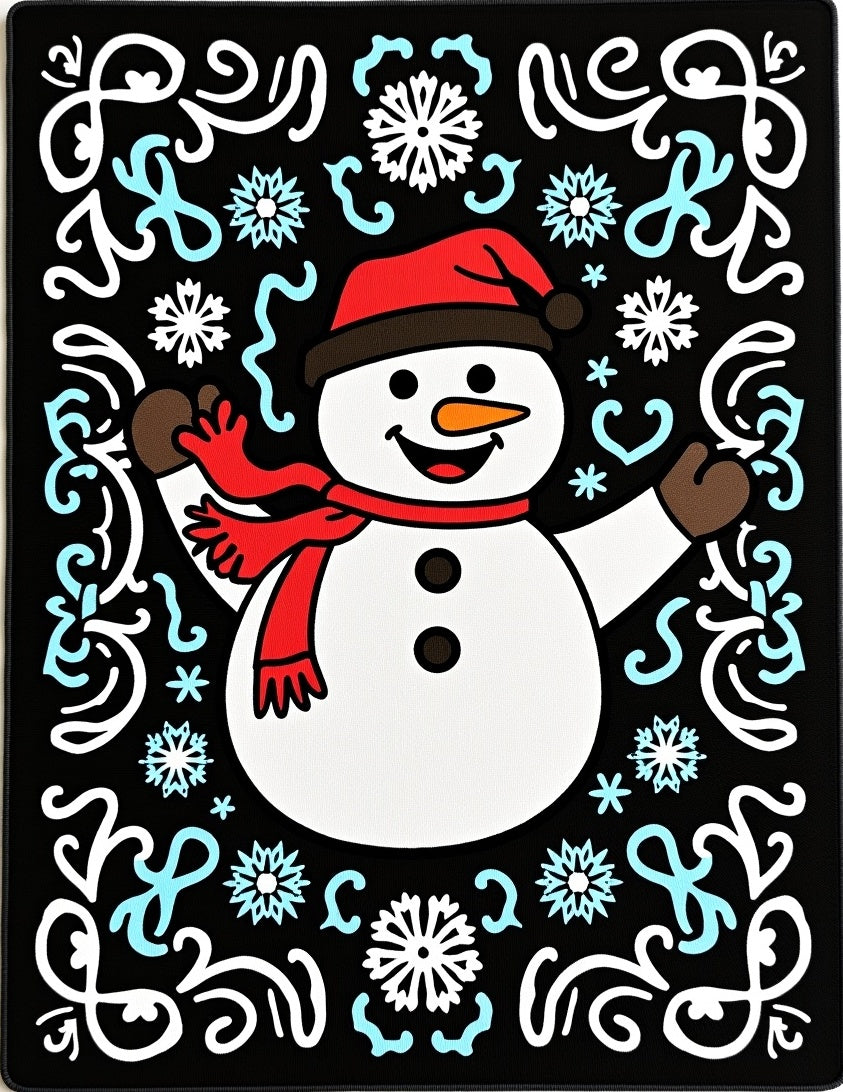Happy Snowman Winter Snowflake Border Rug