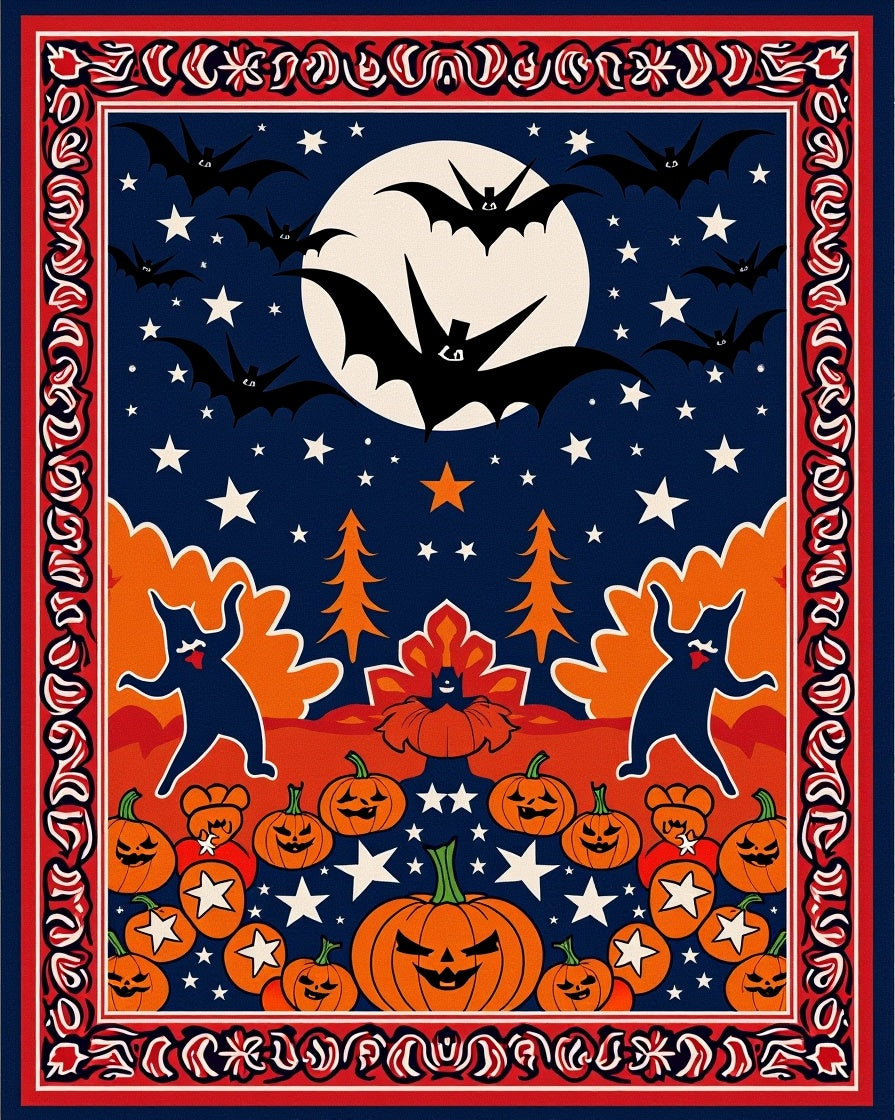 Spooky Night Halloween Bat Pumpkin Border Rug