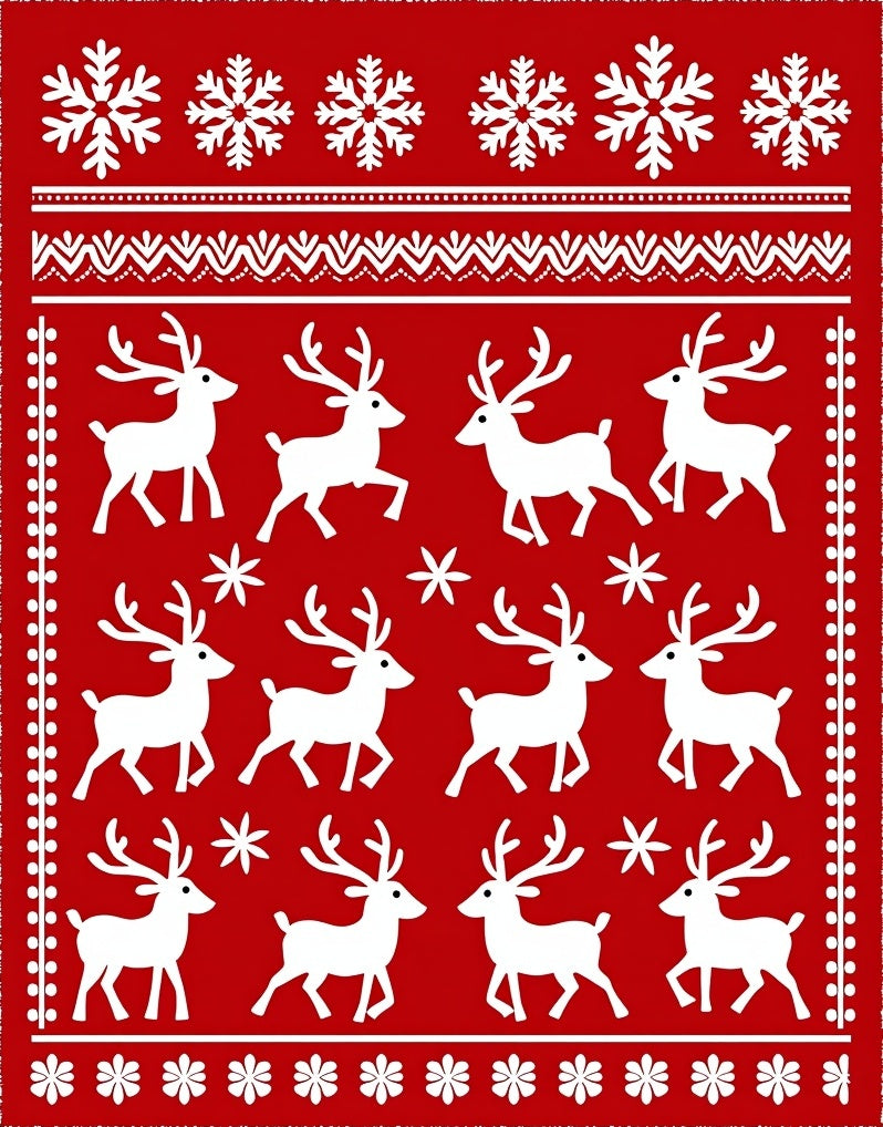 Classic Red White Reindeer Snowflakes Rug