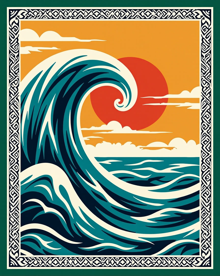 Crimson Sun Swirling Ocean Wave Rug