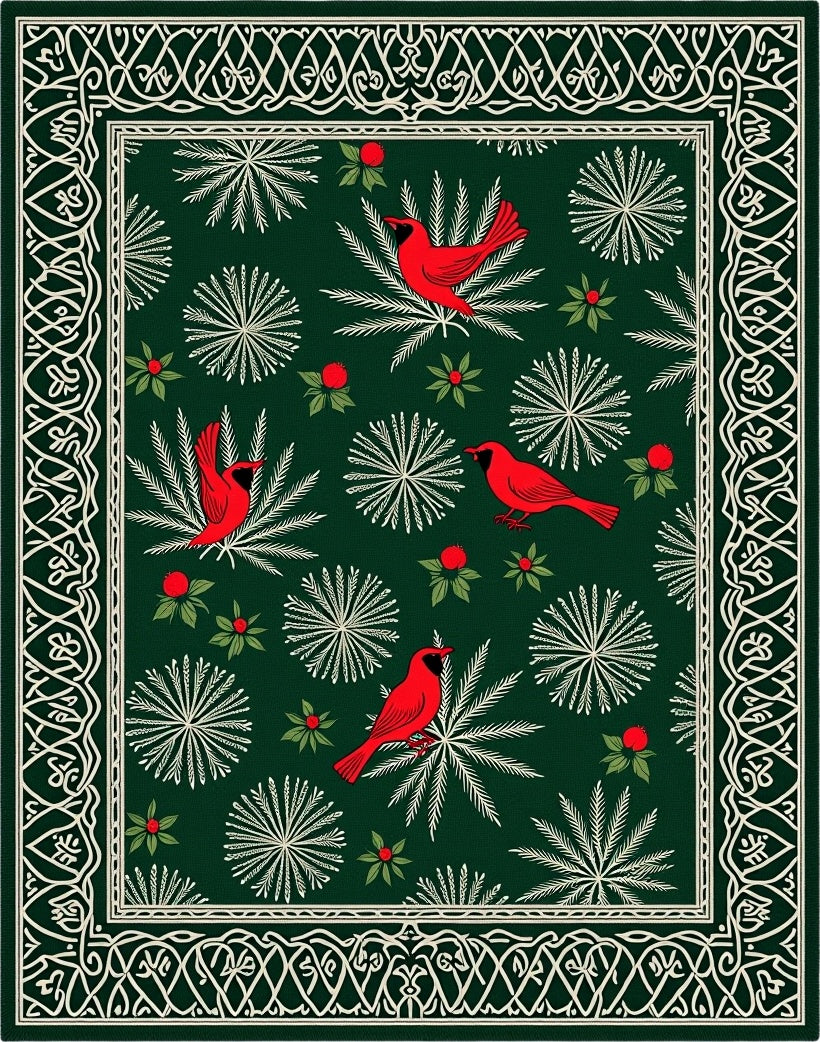 Red Cardinal Emerald Botanical Border Rug