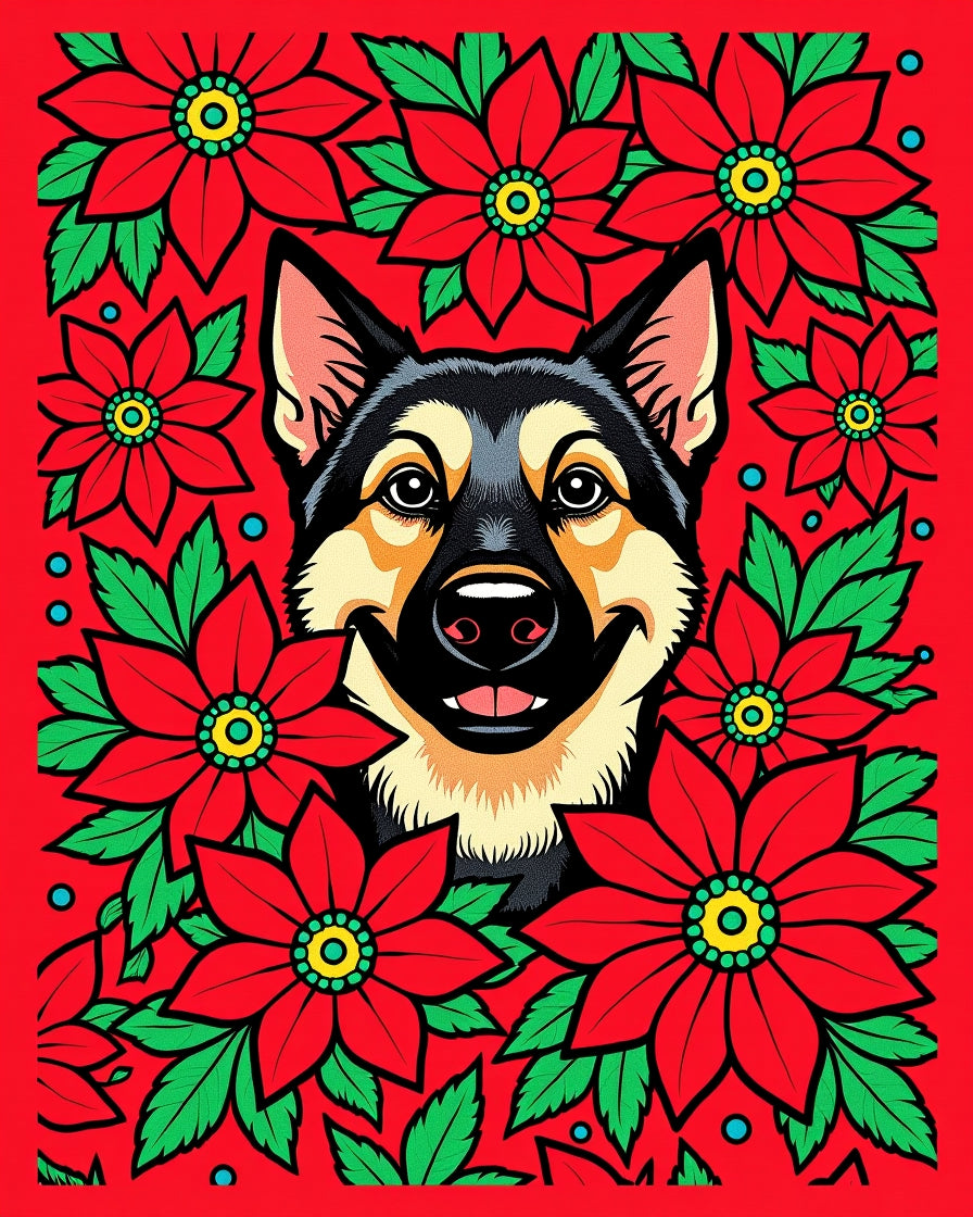 Bold Red Poinsettia Dog Portrait Rug