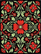 Crimson Red Floral Vine Black Rug