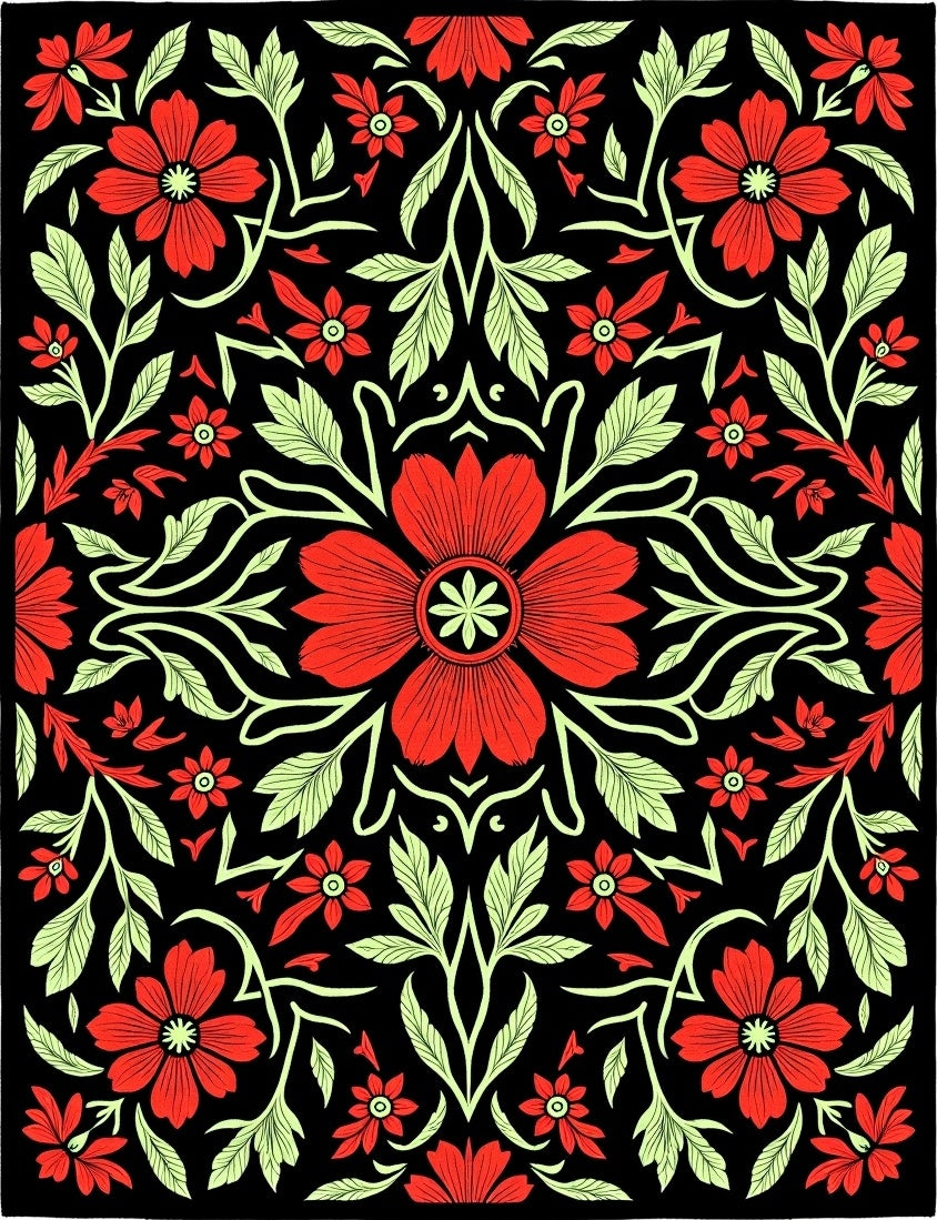 Crimson Red Floral Vine Black Rug