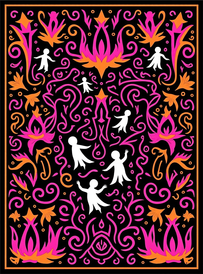Whimsical Pink Orange Figures Swirl Rug