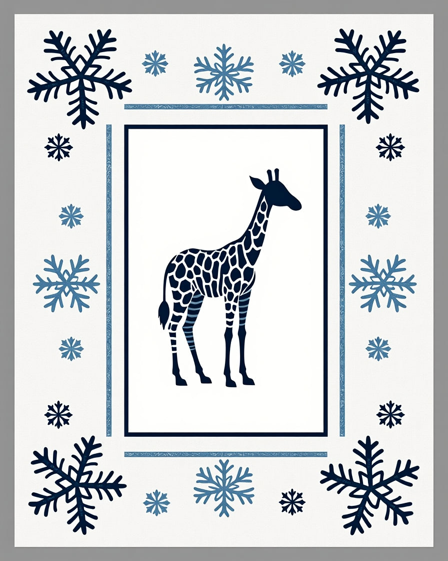 Navy Giraffe Snowflakes Frame Rug