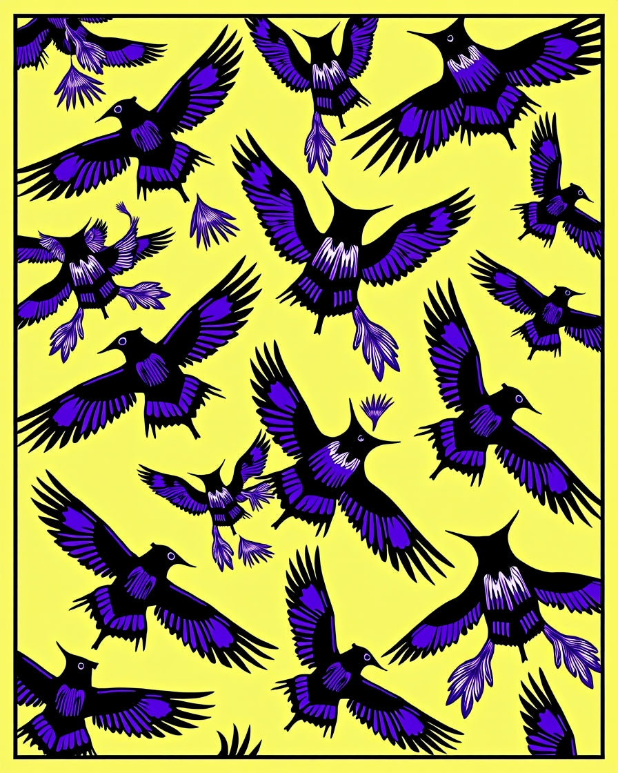 Vibrant Purple Bird Flock Yellow Background Rug