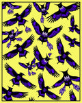 Vibrant Purple Bird Flock Yellow Background Rug